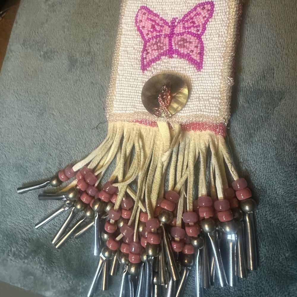 Native? Leather Beaded Fringe medicinal Pouch with Pink Butterfly handmade